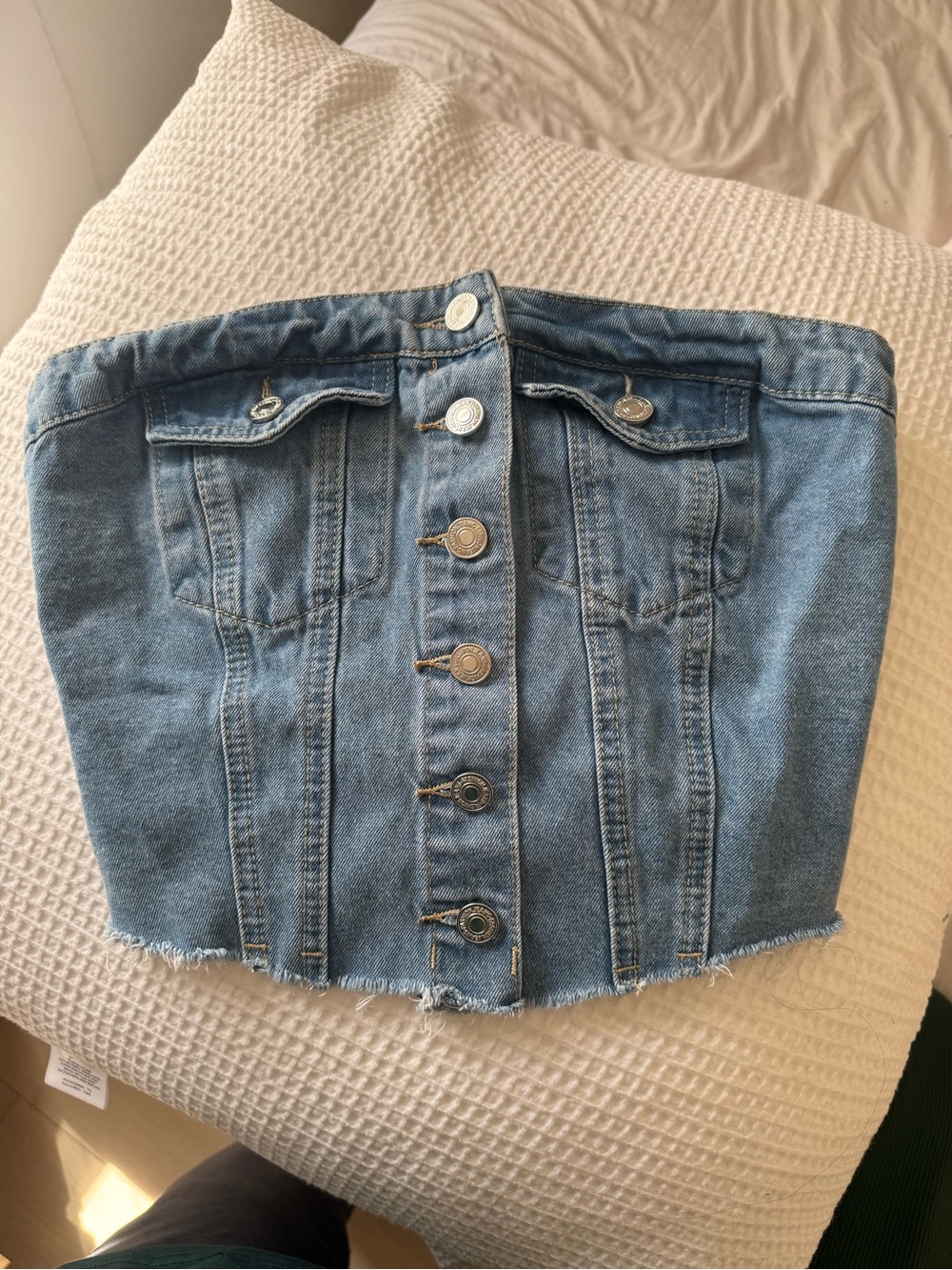 Denim Button-Front Strapless Skirt - Blue
